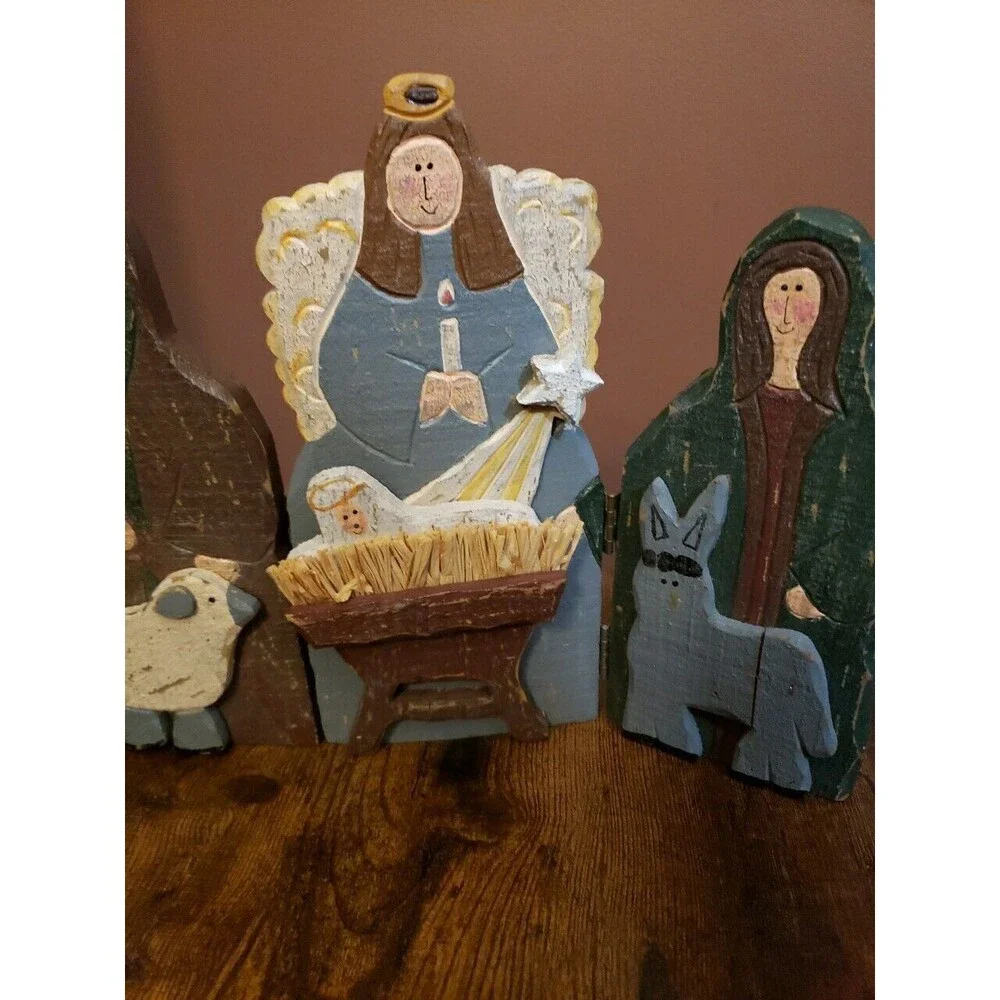 Nativity Wood Painted Trifold Folk Art Christmas Triptych Manger Creche Holiday